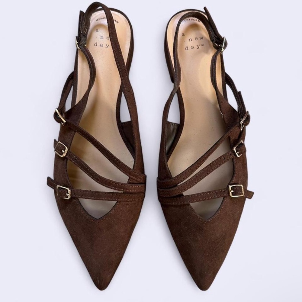 a new day Dark Brown Suede Pointed Slingback Flats with Straps